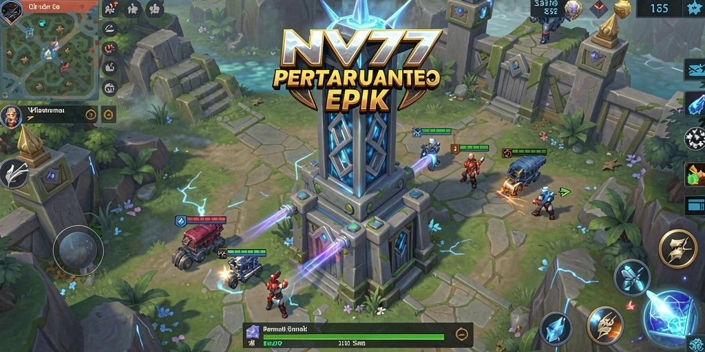 Tangkapan layar gameplay NV77 yang menunjukkan strategi menara yang intens.