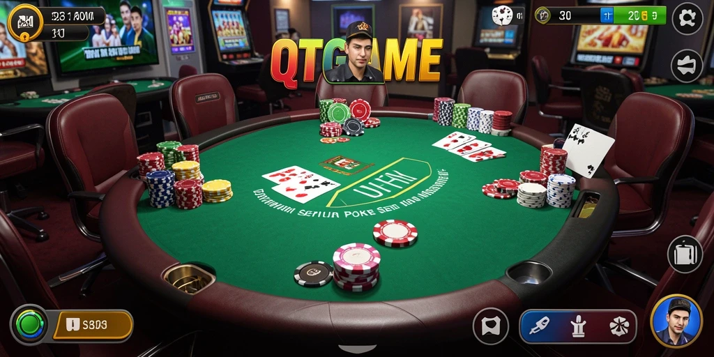 Tampilan gameplay QTGAME dengan pemain yang sedang bertaruh di meja poker.