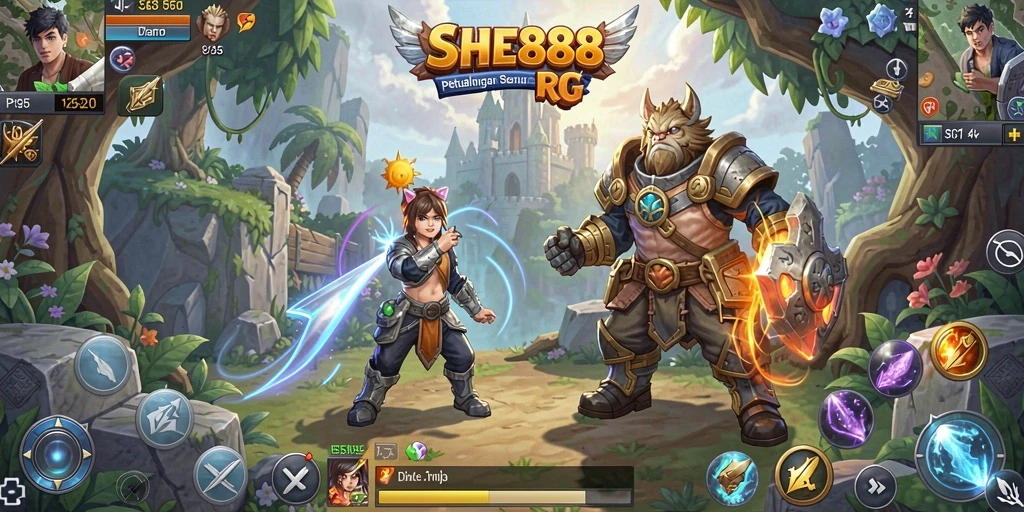 Screenshot gameplay SHE888 menampilkan pertarungan epik di dunia RPG.