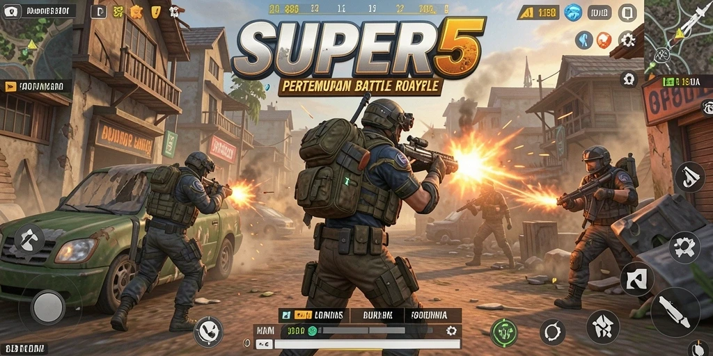Tampilan seru dari gameplay pertempuran Battle Royale di SUPER5.