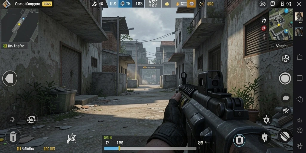 Screenshot V89 menampilkan aksi intens dalam pertempuran FPS.